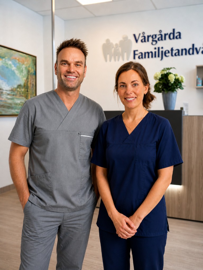 Morgan och Anna från Vårgårda Familjetandvård står i klinikens reception